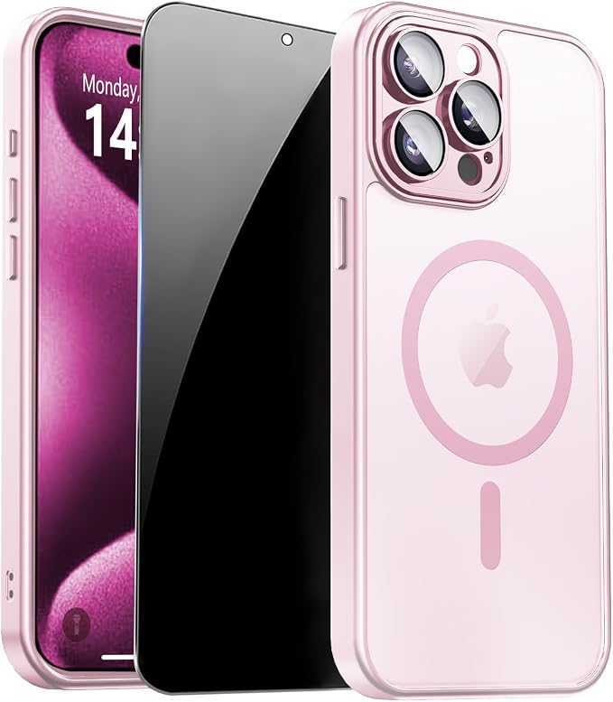 for iPhone 15 Pro Case with Privacy Screen Protector, Pink | Full Camera Protection, Translucent Matte Magnetic, Compatible with MagSafe, Shockproof Phone Cover, Slim Fit Women/Girls by ZOZDOKG