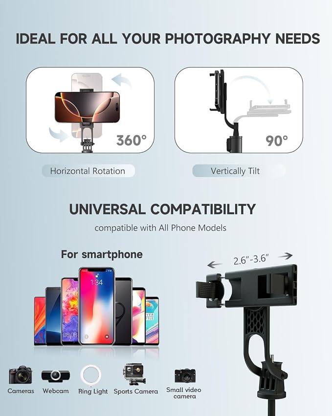 71” Phone Tripod & Selfie Stick, Portable All in One Extendable Cell Phone Tripod Stand, with Wireless Remote Control for iPhone/Samsung/Android/Camera - Image 5