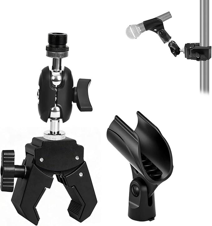Mic Crab Clamp Microphone Mount, Desk Pipe Pole Clamp Mic Mount with Dual Ball Head Adjustment 1/4" to 5/8" Thread, Fits Mic Stand, Drum Stand, Desktop Shelf by Unknown