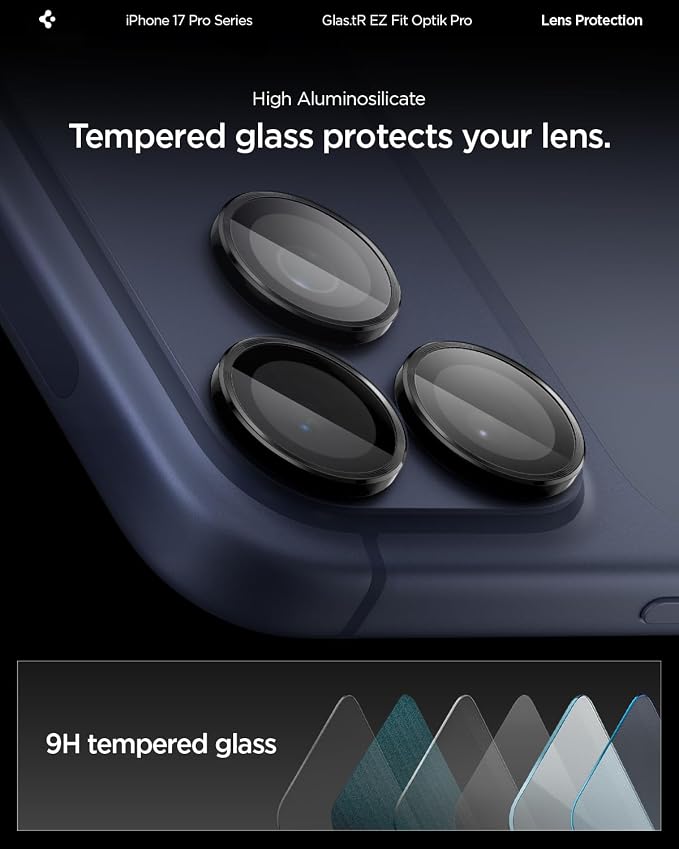 Spigen Camera Protector for iPhone 17 Pro Max, 17 Pro, 16 Pro Max, 16 Pro | GlasTR EZ Fit Optik Pro, 9H+ Tempered glass, Scratch resistant, Auto-align tray, Case-friendly-Black [2 Pack] - Image 7