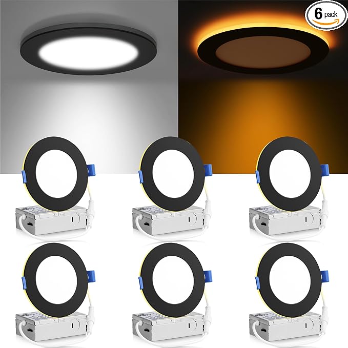 Meconard 6 Pack 4 Inch 5CCT LED Recessed Ceiling Light with Night Light, 2700K/3000K/3500K/4000K/5000K Selectable Ultra-Thin Lighting, 9W=75W, 750LM, Dimmable Canless Wafer Downlight, Black Trim by Meconard