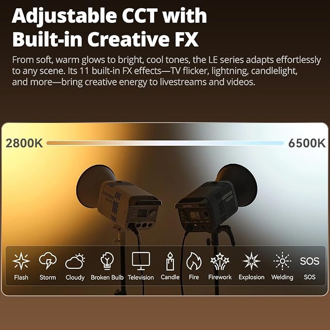 Godox LE200Bi 220W Bi-Color COB LED Video Light with Bowens Mount, 2800K-6500K, CRI/TLCI≥98, 0-100% Dimming, 11 FX Modes, Bluetooth/DMX Control for Studio Streaming | 2800K-6500K,57700 LUX,CRI/TLCI≥98,11 FX,APP Control,for Photography,Live Streaming - Image 5