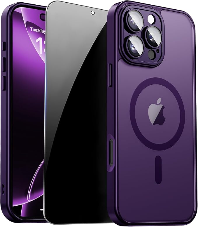 for iPhone 16 Pro Case with Privacy Screen Protector, Purple | Full Camera Protector, Matte Translucent, Magnetic, Compatible with MagSafe, Shockproof Phone Cover for Women Girls by ZOZDOKG