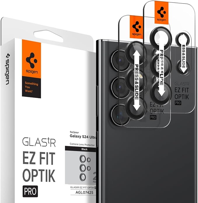 Spigen Camera Lens Protector for Galaxy S24 Ultra - Titanium Black [2 Pack] | GlasTR EZ Fit Optik Pro, 9H+ Tempered glass, Scratch resistant, Original photo quality, Auto-align tray, Case-friendly by Unknown