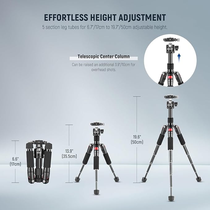 NEEWER Portable Travel Mini Tabletop Tripod, Aluminum Alloy 20''/ 50cm Desktop Desk Tripod with 360 Degree Ball Head, 1/4" Quick Shoe Plate for DSLR Camera Video Camcorder, Max Load 11 lb/5 kg - Image 3