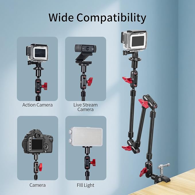 Magic Arm Camera Mount, 32" Aluminum Articulating Arm with Desk Clamp & Standard 1/4" Screw, Heavy Duty Overhead Tablet Stand for Video Recording, Live Streaming, Vlogging - Image 6