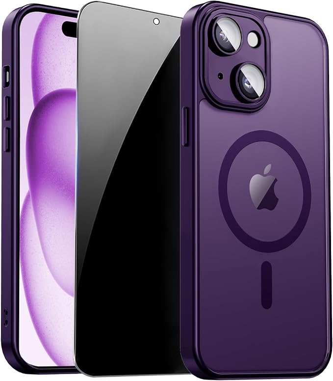 for iPhone 15 Plus Case with Privacy Screen Protector, Purple | Full Camera Protection, Translucent Matte Magnetic, Compatible with MagSafe, Shockproof Phone Cover, Slim Fit Women/Girls by ZOZDOKG