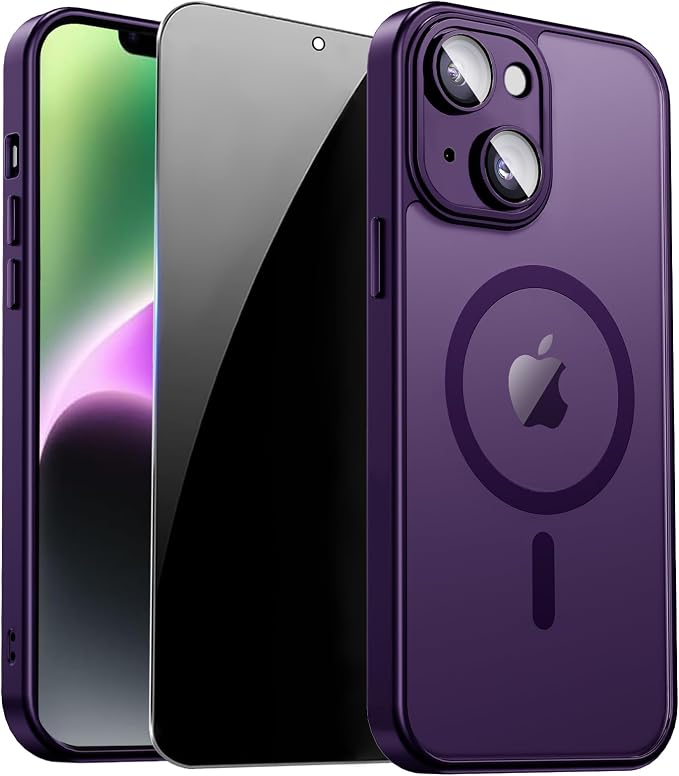 for iPhone 14 Plus Case with Privacy Screen Protector, Purple | Full Camera Protection, Translucent Matte Magnetic, Compatible with MagSafe, Shockproof Phone Cover, Slim Fit Women/Girls by ZOZDOKG