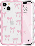 QLTYPRI for iPhone 13 Pink Bow Case, Clear Cute Pink Ribbon Bow Phone Case Curly Wavy Aesthetic Phone Cover, Soft Slim Transparent TPU Shockproof Protective Cover for Women Girls - Ribbon Bow by QLTYPRI