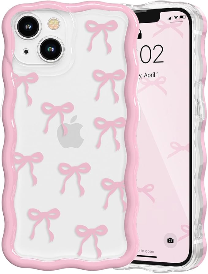 QLTYPRI for iPhone 13 Pink Bow Case, Clear Cute Pink Ribbon Bow Phone Case Curly Wavy Aesthetic Phone Cover, Soft Slim Transparent TPU Shockproof Protective Cover for Women Girls - Ribbon Bow by QLTYPRI