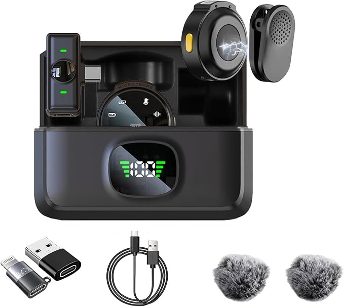 2 Pack Wireless Lavalier Microphone for iPhone 15, Android, USB C, ipad with Adapter Included, Noise Cancellation Mini Lapel Mic for YouTube, Recording, Vlog, Facebook Live Streaming (Black) by Caiord
