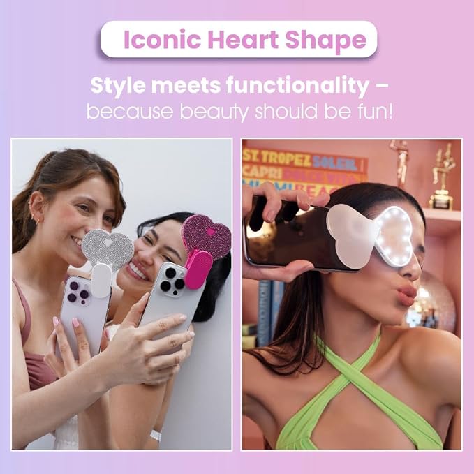 Riki Sweetheart Clip-On LED Makeup Mirror and Selfie Light, Rechargeable with Long-Lasting Battery, CRI 95+ for Phone, Laptop, and iPad, Film for TikTok, Instagram (Hot Pink Sparkle) - Image 2