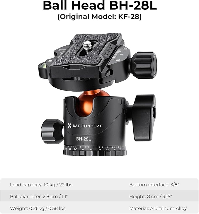 K&F Concept 67 inch Camera Tripod Horizontal Aluminum Tripods Portable Monopod with 360 Degree Ball Head Quick Release Plate for DSLR Cameras T255A4+BH-28L (TM2515T1) - Image 5