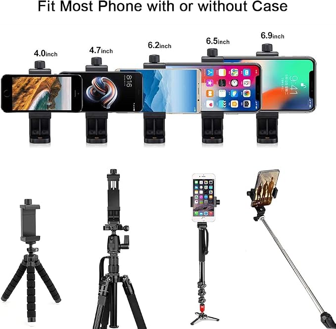 Cell Phone Tripod Mount Adapter, Universal Phone Holder Adjustable Clamp, 360 Degree Rotatable Bracket 1/4" Screw Clip for iPhone, Samsumg, Selfie Stick, Monopod (Black-2 Pack) - Image 5