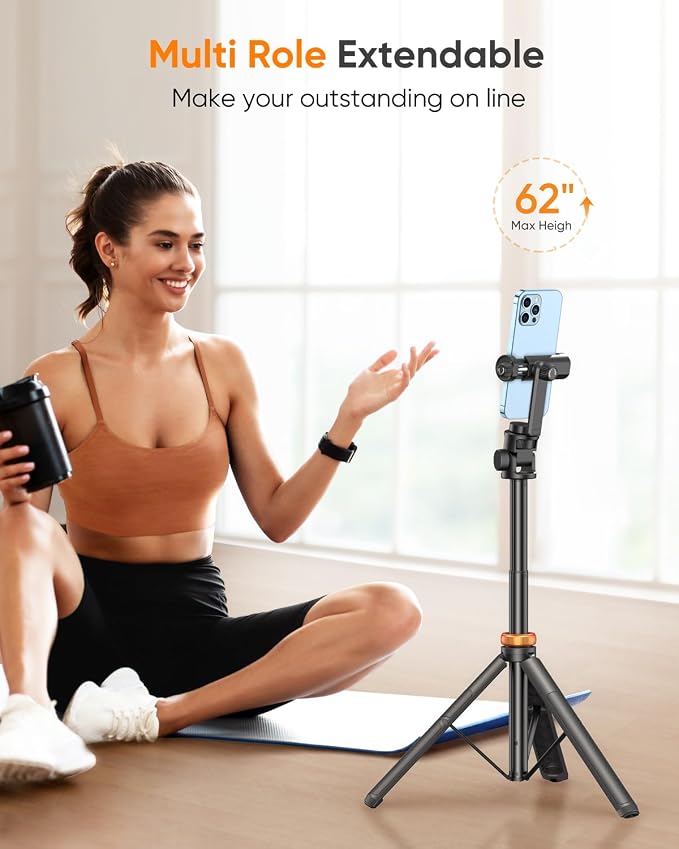 EUCOS 62" Phone Tripod, Tripod for iPhone & Selfie Stick with Remote | Extendable Cell Phone Stand & Ultimate Phone Holder, Solidest Phone Stand Compatible with iPhone/Android - Image 3