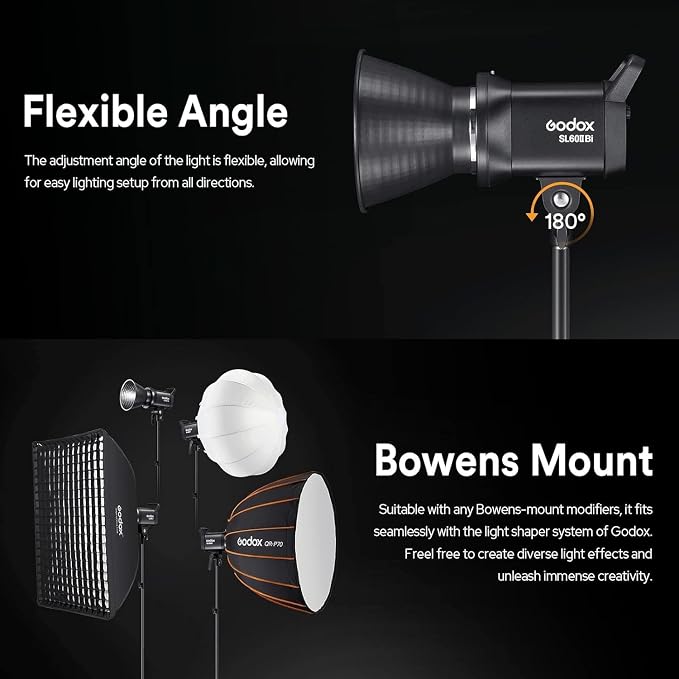 Godox SL60IIBi Bi-Color LED Video Light 75W, 2800K-6500K, CRI96+ TLCI97+, 25100Lux@1m, Bowens Mount LED Continuous Output Light w/11 FX Effects, APP/2.4G Wireless Control, Dimmiable Brightness - Image 8
