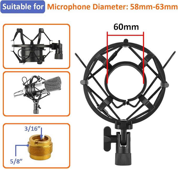 58-63mm Microphone Shock Mount Anti Vibration Mic Suspension Mount Aluminum Alloy Condenser Microphones Holder Clip with Metal Screw Adapter Isolation Absorber Studio - Image 4