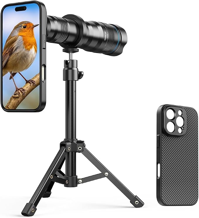 APEXEL 36x Telephoto Lens Compatible with iPhone 15 Pro | Photography for Travel, Birdwatching, Exploration | Kit with Sturdy Metal Tripod and Threaded Phone Case by Apexel