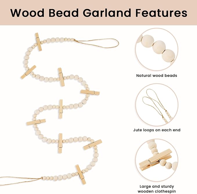 KLOGTSIND Hanging Photo Display, 2PCS Boho Wood Bead Garland Wall Decor | Photo Banner with 9 Wooden Clips for Bedroom, Living Room, Office, Dorm Decor, Pictures Postcards Holder Teen Girl Gifts - Image 5