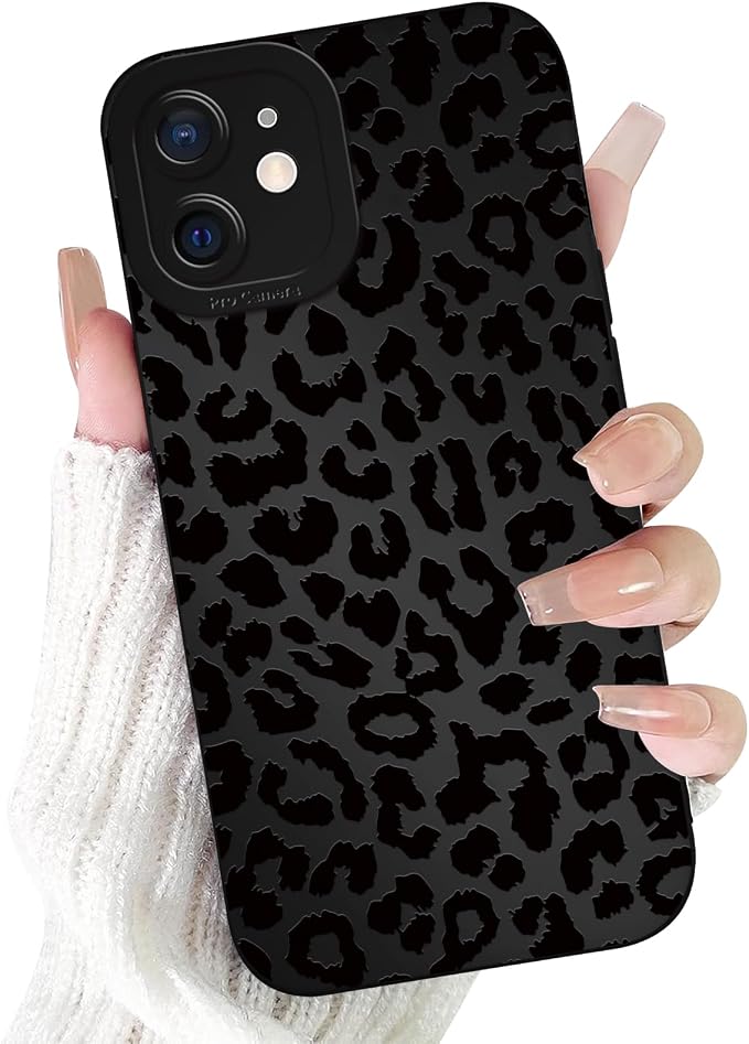 Cute Black Cheetah Print Phone Case for iPhone 12 6.1" | Aesthetic Leopard Pattern Design Cover Full Camera Lens Protective Shockproof Soft Slim TPU Funda for Men Women Girls by Unknown