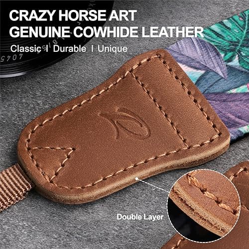 Padwa Lifestyle Camera Strap - 1.5" Soft Nylon Print Crazy Horse Cowhide Head Camera Straps for Photographers and All Cameras,Cute Adjustable Vintage Woven Strap for Adults & Kids(Green Leaf) - Image 2