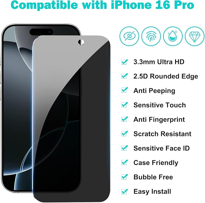 PEHAEL for iPhone 16 Pro Privacy Screen Protector+Camera Lens Protector | 3+3 Pack, Installation Frame, Cleaning kits, Anti-Spy Private, Anti-Scratch, 9H Tempered Glass, Case Friendly, [6.3 inch] - Image 2