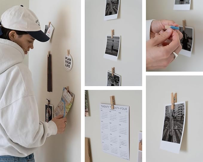 100 Pack Mini Self Adhesive Clips for Pictures - Wood Clip Photo Holders for Wall, Photo Cards Hanging Display Board & Picture Boards, Artwork Photos Holders Hangers Room Decor (Light Wood 100pack) - Image 4