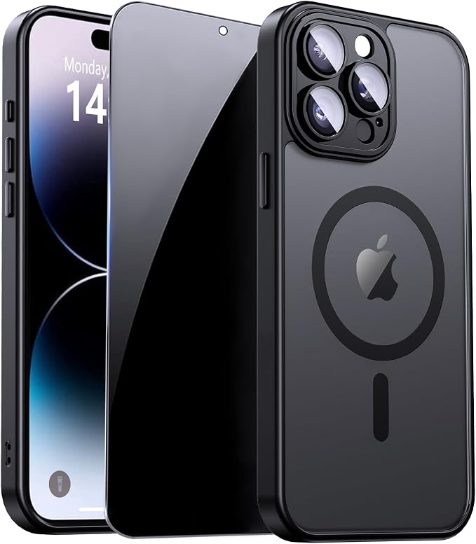 for iPhone 14 Pro Case with Privacy Screen Protector, Black | Full Camera Protection, Translucent Matte Magnetic, Compatible with MagSafe, Shockproof Phone Cover, Slim Fit by ZOZDOKG