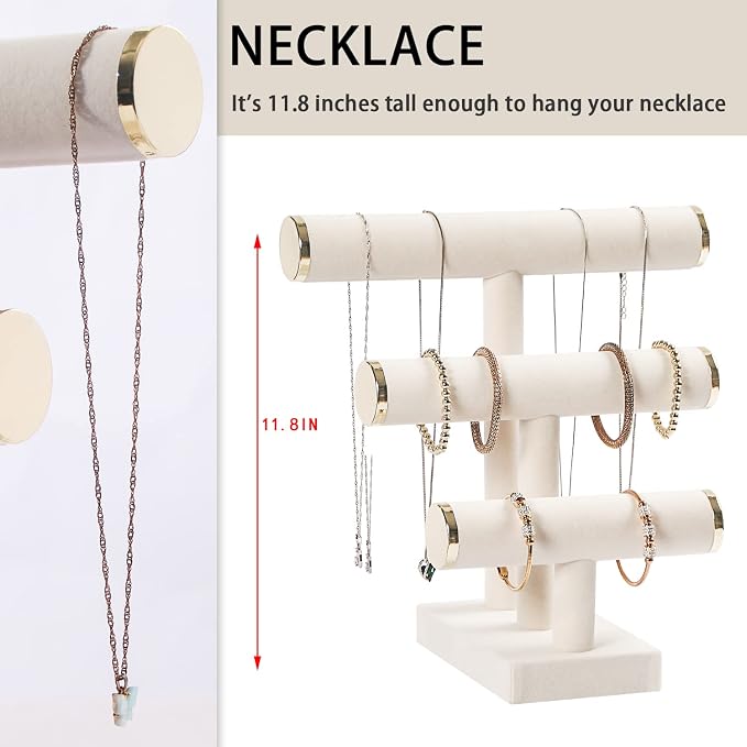 3 Tier Bracelet Holder,Bracelet Display Stand with Metal Cap,Beige White Velvet Jewelry Organizer Displays for Necklace Scrunchies Watches Hair Ties. (Pack of 2) - Image 3