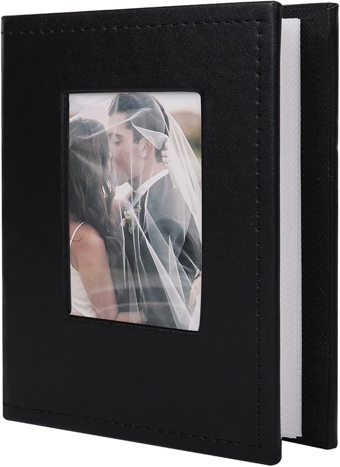 RECUTMS 100 Photo Album for 4x6 Small Leather Photo Book for Family Black | White Inner Page, 100 Vertical Pockets, Small Photo Albums for Anniversary, Wedding, Graduation Photobook, DIY Cover Window by RECUTMS