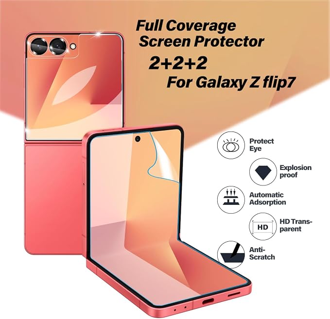 BIGFACE [6 in 1 for Samsung galaxy Z Flip 7/galaxy Flip 8 Screen Protector | 2 pack Film Screen Protector + 2 Pack Tempered Glass Back Screen Protector + 2 Pack Camera Lens Protectors - Image 2