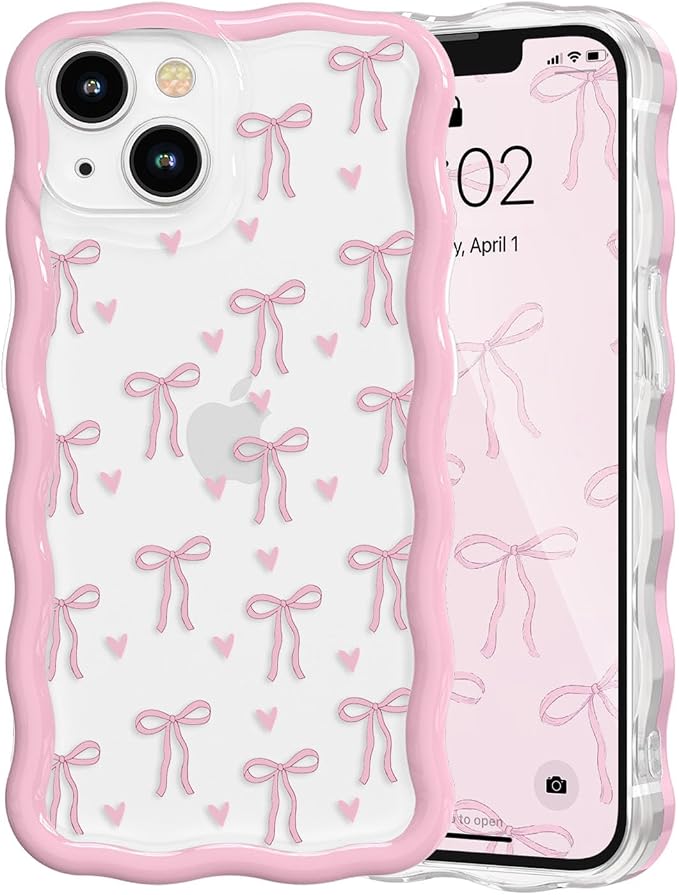 QLTYPRI for iPhone 14 Pink Bow Case, Clear Cute Pink Ribbon Bow Phone Case Curly Wavy Aesthetic Phone Cover, Soft Slim Transparent TPU Shockproof Protective Cover for Women Girls - Love Bow by QLTYPRI
