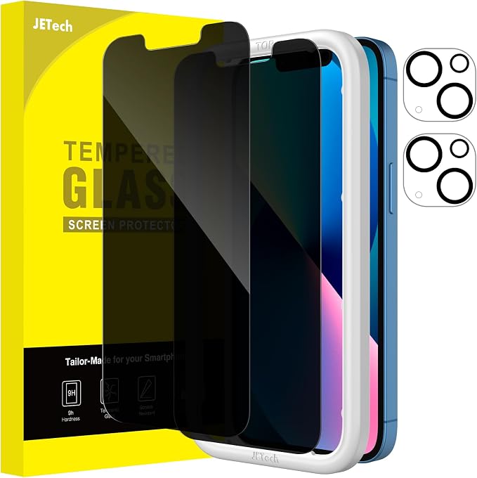 JETech Privacy Screen Protector for iPhone 13, 2+2 Pack | Anti-Spy Tempered Glass, with Camera Lens Protector, Easy Installation Tool by JETech