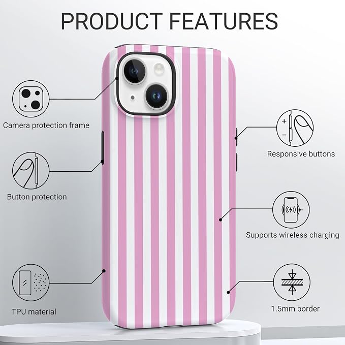 TPU Phone Case for iPhone 14, MagSafe Wireless Charging Compatible, Shockproof Slim Fit Protective Cover with Anti-Yellowing & Raised Camera Protection (Pink Stripe, iPhone 14) - Image 4