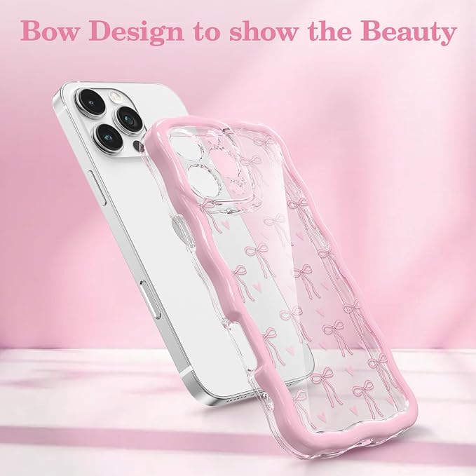 QLTYPRI for iPhone 14 Pro Pink Bow Case, Clear Cute Pink Ribbon Bow Phone Case Curly Wavy Aesthetic Phone Cover, Soft Slim Transparent TPU Shockproof Protective Cover for Women Girls - Love Bow - Image 2
