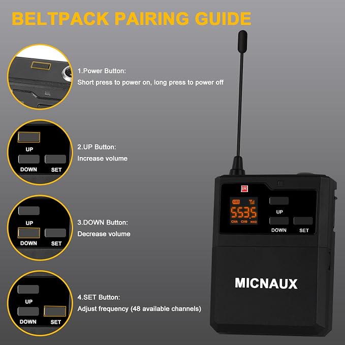 Wireless Lapel Microphone System with Headset & Lavalier Mics, Dual Bodypack Transmitters, Mini Rechargeable Receiver, 48 Channels in 500MHz UHF Band, 260ft Range for Wedding Speech Church - Image 6