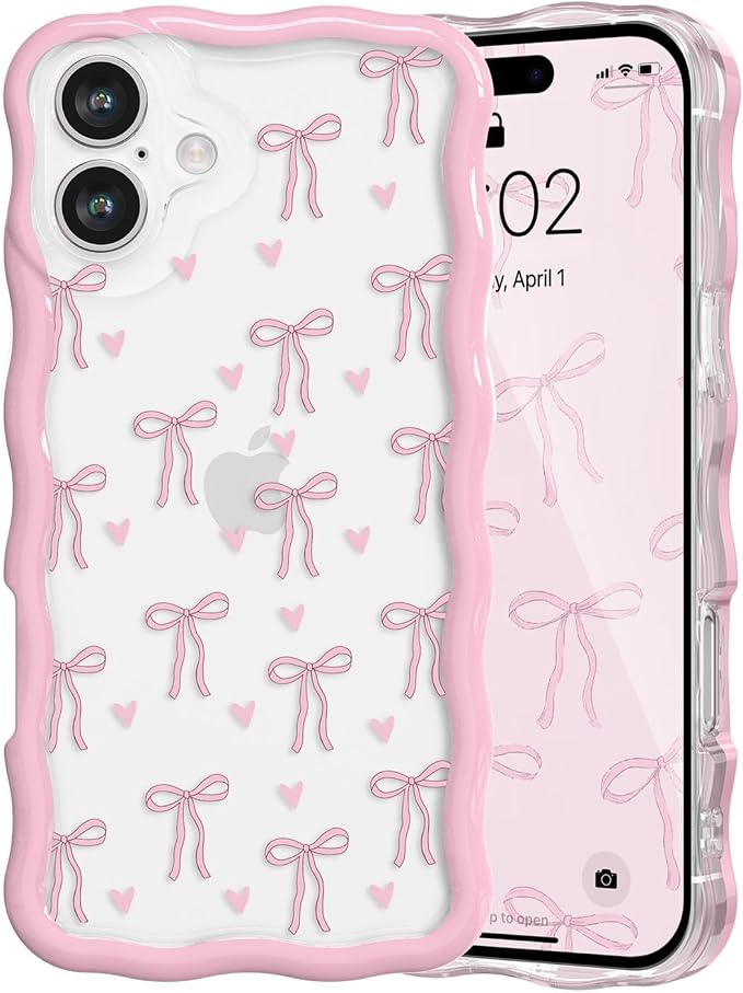 QLTYPRI for iPhone 16 Pink Bow Case, Clear Cute Pink Ribbon Bow Phone Case Curly Wavy Aesthetic Phone Cover, Soft Slim Transparent TPU Shockproof Protective Cover for Women Girls - Love Bow by QLTYPRI
