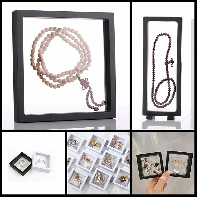 6 Pcs 3D Floating Display Case Frame Display Holder Stands Transparent PE Film Storage Box for Jewelry Challenge Coin Medal Antique 5.51 x 5.51 x 0.8 inch Black and White - Image 7