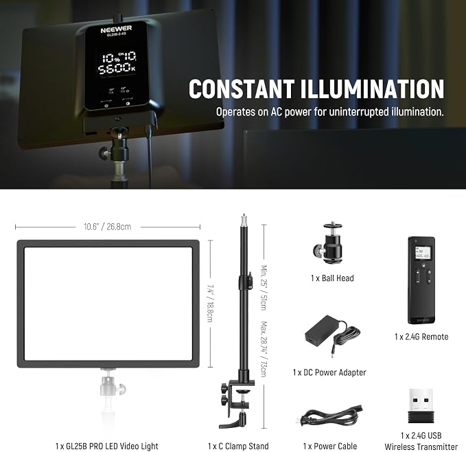 NEEWER 25W 12.9" Streaming Key Light with Desk Stand/2.4G Remote/USB Transmitter, PC/Mac APP Control 2300Lx/0.5m 2900-7000K CRI98+ Dimmable Edge Lit Video Panel Light for Webcam Laptop Zoom, GL25B | USB Transmitter, PC/Mac APP Control, 2300Lx/0.5m, 290... - Image 9