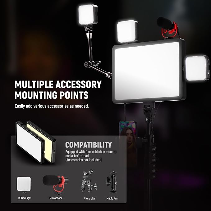 NEEWER Basics 2Pcs LED Video Light Panel with 59'' Tripod Stands/Phone Holders, 2700-6500K 850Lux Dimmable Plastic Studio Lighting for Photography Filming Recording Live Streaming, No Adapter, BP300 - Image 5