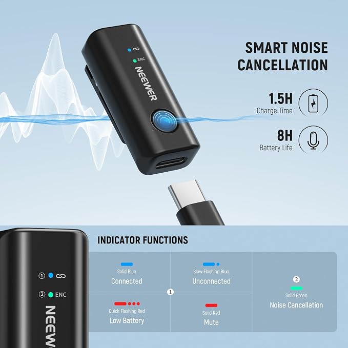 NEEWER KM23B Wireless Lavalier Microphone Bluetooth App Control, Compatible with iPhone Android Phone 8Hrs Battery Vocal Enhancement Noise Cancellation Volume Adjustment Low Cut for Streaming Vlogging - Image 7