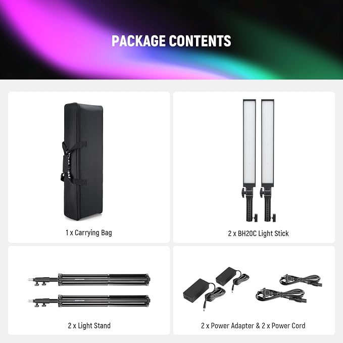 NEEWER Photography RGB Light Stick Kit, 2 Pack LED Video Tube Lights w/Stands, Diffusers, 3250Lux Dimmable Light Wand 2500-10000K CRI95+/TLCI97+ APP/2.4G/Panel Control for Live/Videos/Vlog, BH20C - Image 9