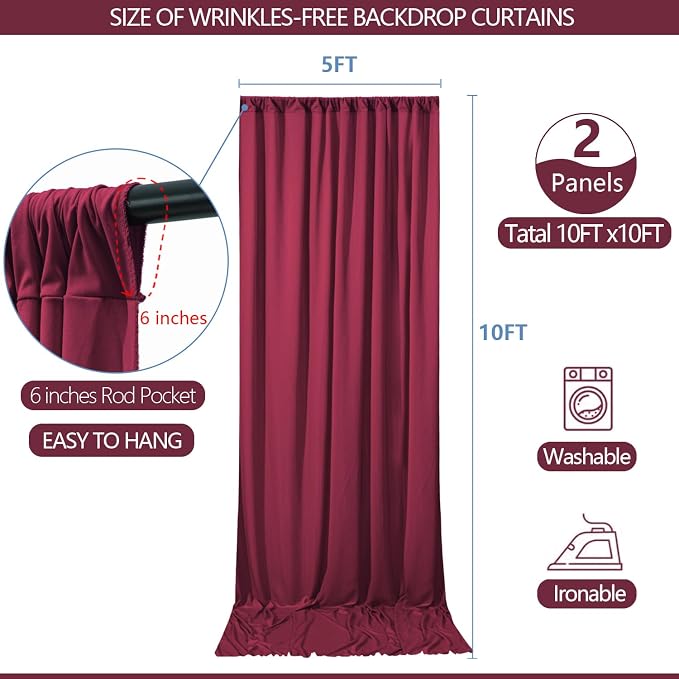 ESGOTBME 10x10ft Wrinkle Free ‌Burgundy Backdrop Curtain for Parties Soft Fabric Drapes Wedding ‌Curtain Backdrop for Birthday Party Decorations Background for Photography 5x10ft, 2 Panels - Image 4