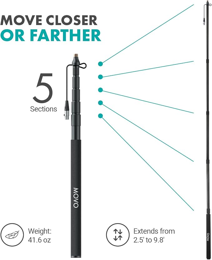 Movo XLR Shotgun Microphone & Boom Pole Kit – Professional Location Sound Recording Bundle with Shotgun Mic and Boompole with Internal XLR Cable for Filmmaking, ENG, and Broadcast Audio - Image 6
