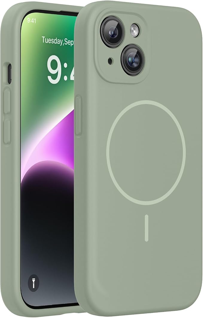 miracase Designed for iPhone 14 Case,[Upgraded Enhanced Camera Protection],Shockproof Liquid Silicone Case with Microfiber Lining, 6.1 inch,Patina Green | Compatible with MagSafe, Soft Microfiber Lining, Premium Silicone Cover Shockproof Drop Protectio... by Miracase