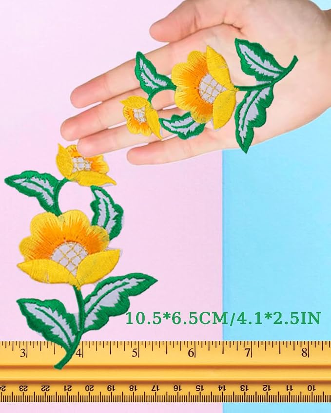 5 Pairs Floral Iron on Applique Flower with Green Vine Embroidered Patch for Collar Dress Accent Shoes Jeans Sewing Accessories Embellishment (Multi) - Image 3