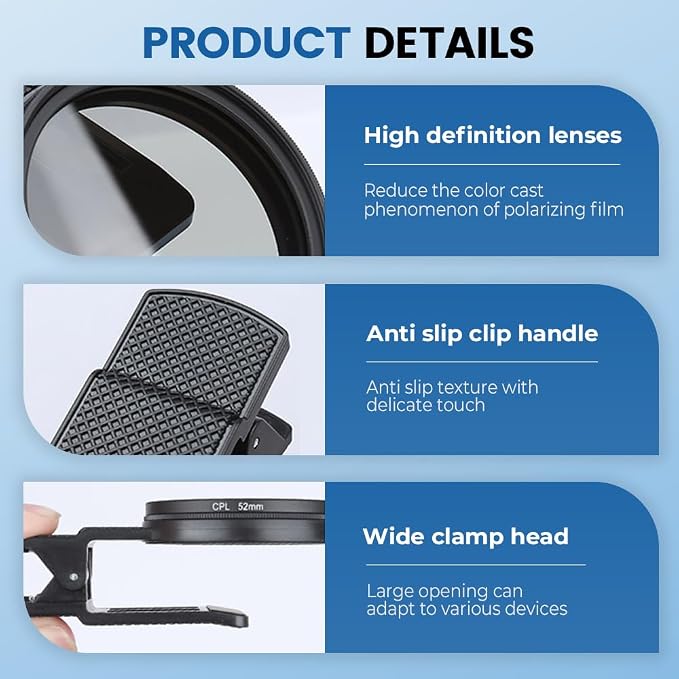 52mm Clip on CPL Phone Camera Lens Filter Kit, 2026 New Phone Filter, Portable Adjustable Polarizing Lens for Smartphone (1 Kit) - Image 4