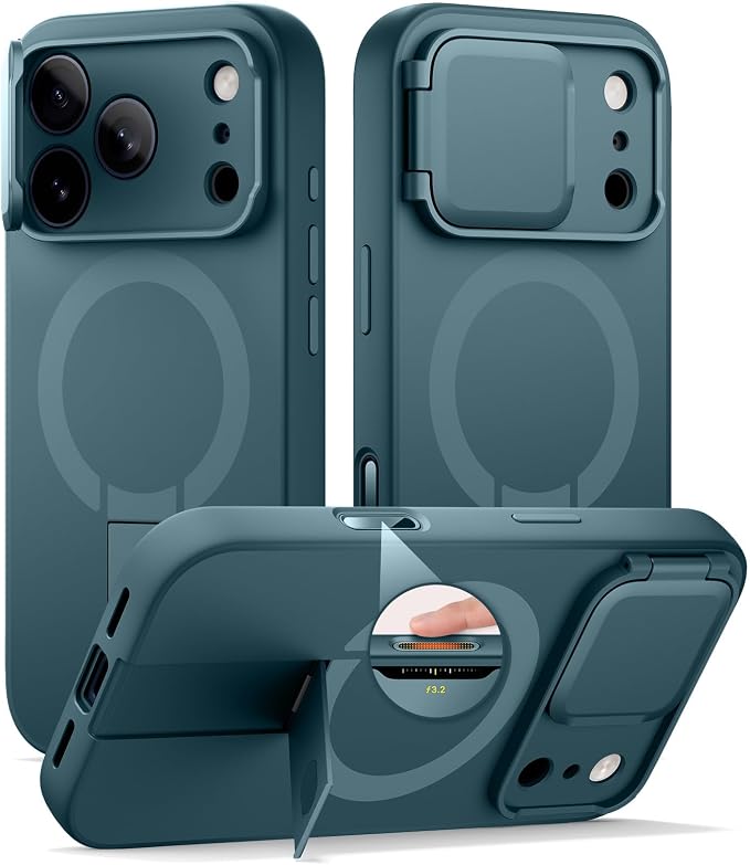 SURITCH for iPhone 17 Pro Case with Camera Control Cover, Camera Cover and Adjustable Kickstand, Compatible with MagSafe, Shockproof Bumper Protective Cases 6.3 Inch, Lake Green by SURITCH