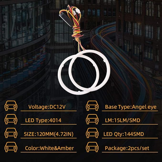 Qasim 1-Pair 120MM White+Amber Switchback 144SMD 4014 LED Halo Ring Angel Eyes Fog Warning Lights 12V - Image 2