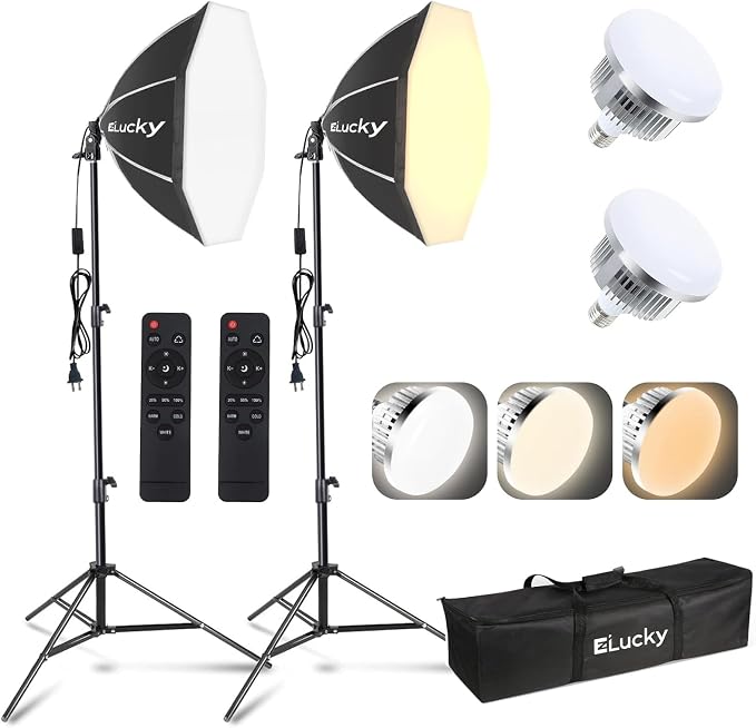 EZLucky 2-Pack 20" Octagonal Softbox Lighting Kit with 85W LED Bulbs | Two softbox lights with remotes and adjustable stands for portraits, videos, interviews, and product photography by EZLucky